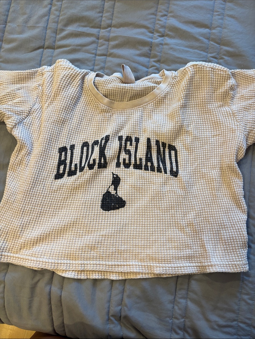 Cream Waffle-Knit Crop Top with Block Island Graphic